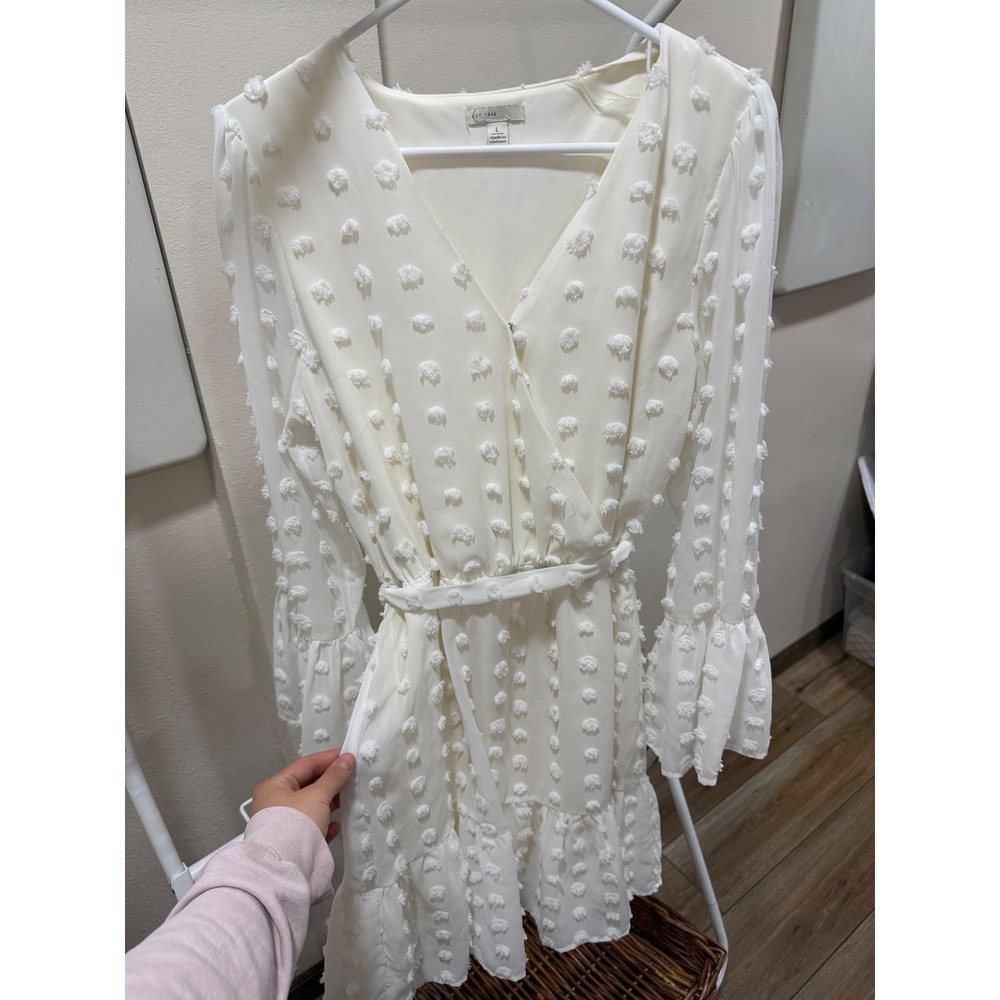 EST. 1946 Cream White Swiss Dot Mini Dress Long Bell Sleeve V-Neck Tie Waist L
